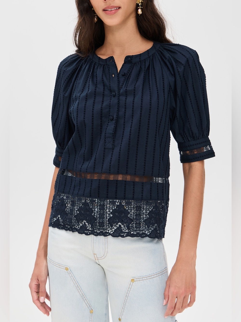 Ulla Johnson Faye Puff Sleeve Cotton Top in Midnight Blue size 8